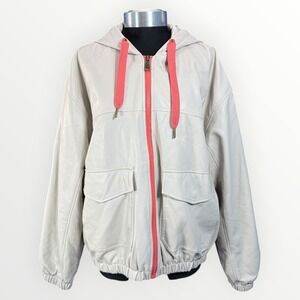 Sanctuary Womens Beige Faux Leather Hooded Bomber Jacket Coral‎ Zip size Large